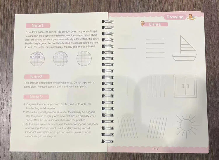 Caderno de Escrita Caligráfica Educacional Reutilizável para Crianças, Livro