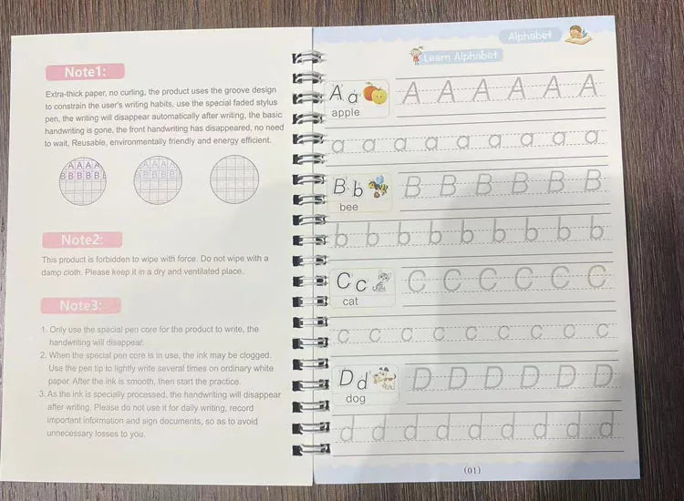 Caderno de Escrita Caligráfica Educacional Reutilizável para Crianças, Livro