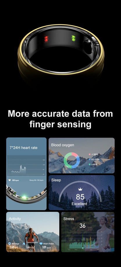 Anel Inteligente R06 para Homens e Mulheres com Monitor de Sono, Frequência Cardíaca, Oxigenação Sanguínea e Rastreador de Atividades Físicas, Resistente à Água